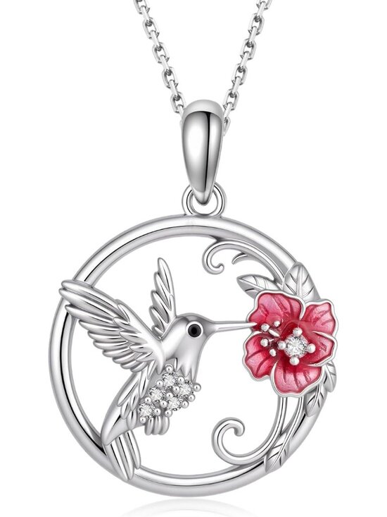 Jewelry - Diamond Hummingbird Necklace for Women, 925 Sterling Silver Red Flower Hummingbi
